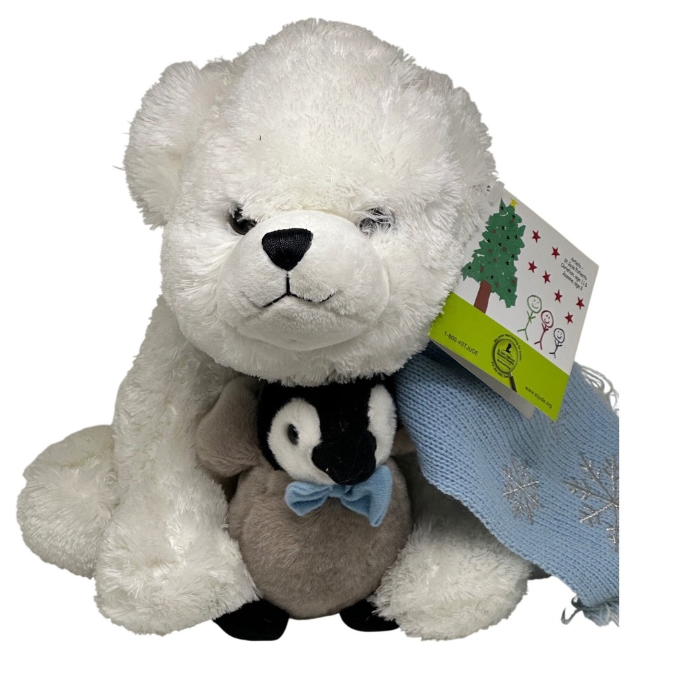 VTG Bearington Collection Plush White Bear Penguin Scarf St Jude 2007 Holiday
